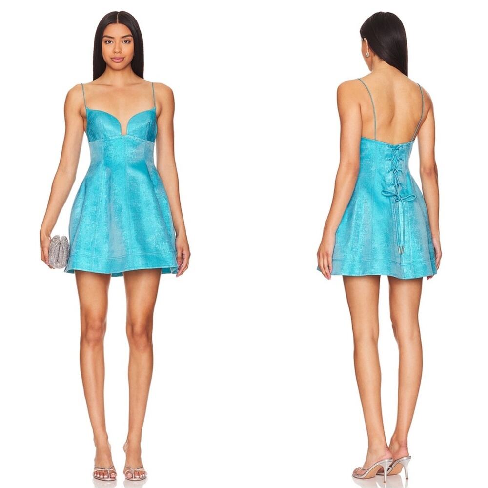 ACLER Mornington Lace Back Cyan Metallic Mini Dress Size 10